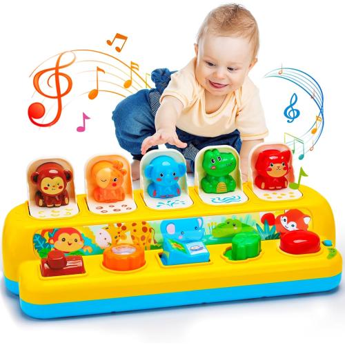 Interactive Pop up Animal Toys with Music & Light, Montessori Cause and Effect Toys for 1 Year Old Boy Girl Early Learning Musical Baby Toy 9-12-18 Months STEM Toddler Toy Age 1-2 Gift for Infant