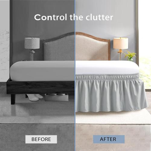FreshCulture Elastic Wrap Around Bed Skirt - Queen Size, Hotel Quality Dust Ruffle with 15-Inch Tailored Drop (Light Grey)