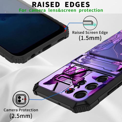 for Samsung Galaxy S24 Ultra Case Wallet Case with Credit Card Holder & Kickstand Dual Layer Hard PC Soft TPU Protective Cover for Galaxy S24 Ultra 6.8 inch - Pink Flowers Purple Butterflies