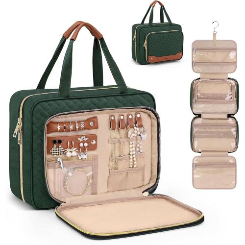 Wedama Toiletry Bag for Women, Hanging Travel Toiletry Bag with Jewelry Organizer Compartment Large Makeup Bag, PVC Waterproof Cosmetic Travel Bag Trips Camping Bathroom, Dark Green