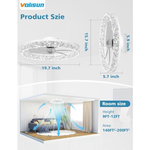 VOLISUN Low Profile Ceiling Fan with Lights and Remote, No Assembly, 20in Modern Ceiling Fans Flush Mount, 3000K-6500K Dimmable Bladeless LED Fan Light, White Fandelier Ceiling Fans for Bedroom
