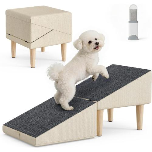 Foldable 15 Inch Dog Ramp, Ramply Split Ottoman with Detachable Washable Treads, 2-in-1 Folding Pet Ramps Stairs for Couch and Bed, Sturdy Ramp for Cats and Small to Medium Dogs