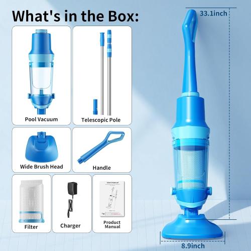 Cordless Pool Vacuum for Inground & Above Ground Pools: 23.8 GPM Powerful Stable Suction, Telescopic Pole up to 90.6, 60-Min Runtime, Extra-Large Filter & Rechargeable Pool Cleaner for Spas/Hot Tubs