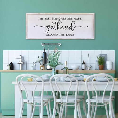 The Best Memories Are Made Gathered Around The Table Wall Decor 40x15 Large Rustic Farmhouse Dining Room Wood Framed Modren Signs Kitchen Home Simple Hanging Wall Art (White)
