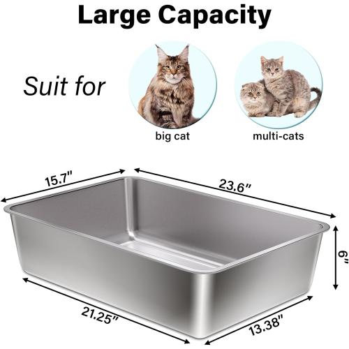 Stainless Steel Litter Box XL, 23.6 X 15.7 X 6 Steel Litter Box,Extra Large Metal Litterbox for Big Cat, Multiple Cats,Non Stick and No Smell, Easy Cleaning