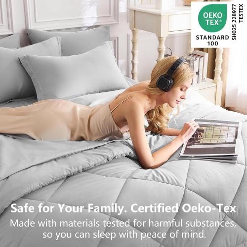 CozyLux Queen Comforter Set with Sheets Light Grey - 7 Pieces Bed in a Bag