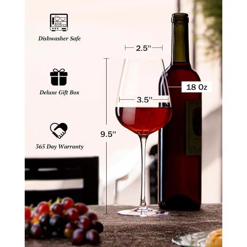 JBHO Hand Blown Bordeaux Wine Glasses - Set of 6-18 Ounce - Great Gift Packaging - Red Wine Glasses Lead-Free Premium Crystal Clear Glass