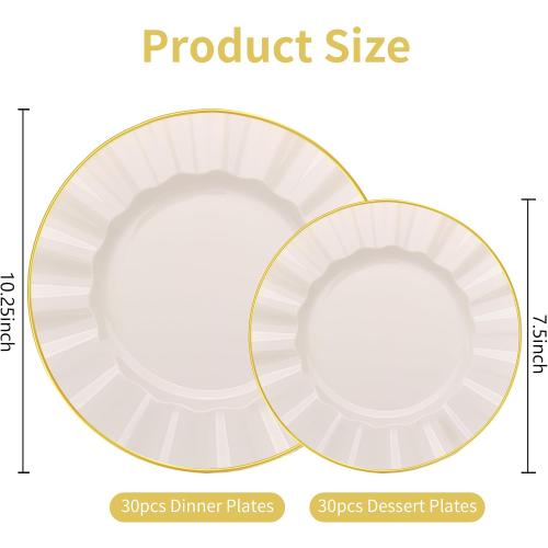 60Pcs Heavy Weight Ivory Plastic Plates with Gold Trim, Heavy Duty Wedding Plates, Elegant Disposable Plate Sets include 30 10 Dinner & 30 7 Dessert Plates for Party & Wedding(30 Guests)