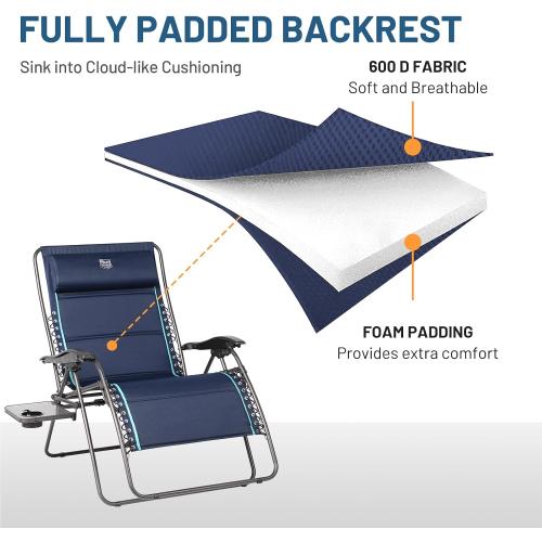 Blue TIMBER RIDGE Oversized Zero Gravity Chair, 33In Wide XXL Zero Gravity Reclining Chair with Side Table, Full Padded Lounge Chair for Outdoor Camping Patio Lawn, Heavy Duty Supports 500lbs, Blue-1 Pack