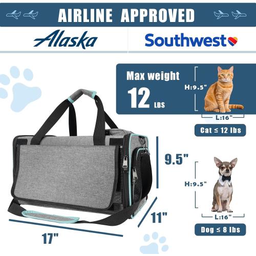 Cat Carrier Alaska Airline TSA Approved 17x11x9.5 Soft-Sidedsoze L Pet Air Travel Carry Bag, Southwest Airplane Kitten 12lbs Crate in Cabin Under-Seat Traveling Cage Tiny Dog Under 8 Pound