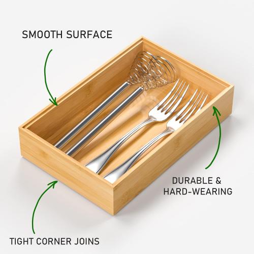 VeyFey Silverware Tray for Drawer, Stackable Kitchen Bamboo Drawer Organizer 9 x 6 x 2 Set of 2
