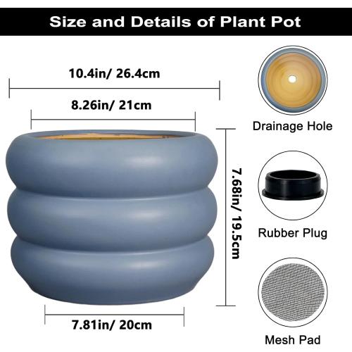 SQOWL 10 Inch Plant Pot Indoor - Ceramic Plant Pot with Drainage Hole Large Outdoor Planter Unique Flower Pot Modern Round Planter for Front Door Decor Gray