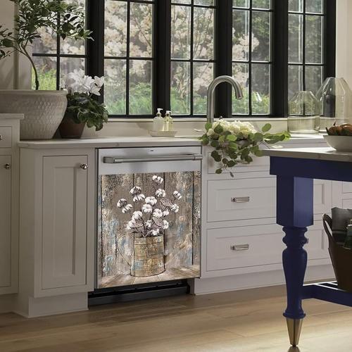 Vintage Wood Dishwasher Cover Kitchen Decorative,Rustic Wooden Dishwasher Magnet Cover Decor Cotton Flower Sticker,Retro Farm Floral Dishwasher Decal Home Appliance Panel Stickers 23x26