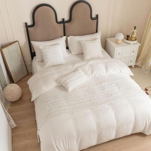 White Cushion Covers Cotton Linen Jacquard Tassel Square Throw Pillow Case with Zipper Bed Decor for Sofa Bedroom Couch Chair Car Seat, 45 x 45cm