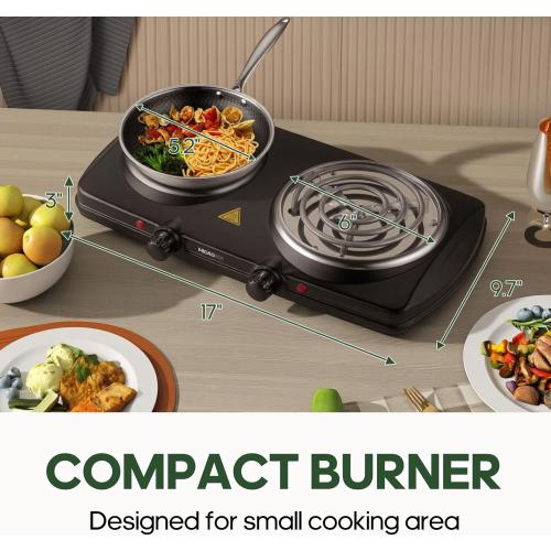 Double Burner Hot Plate Electric, 1800 Watts Electric Burner with 5.2 & 6 Coiled Element, Adjustable Temperature, for Dorm, Office, Home, Camp, Compatible for All Cookwares