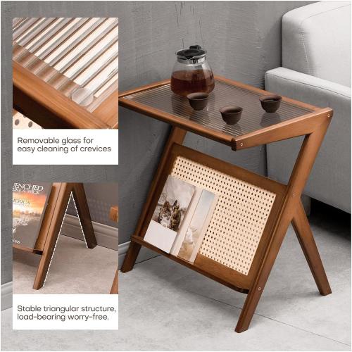 Product new. Box damage Rattan End Table with Magazine Rack Glass-top Bamboo Sofa Side Table Accent Bedside Nightstand Boho Z Shaped Coffee Table for Bedroom Living Room Small Space, Walnut