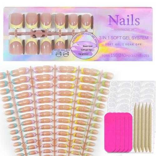 150Pcs Press on Nails Short Square Fake Nails French Tip False Nails Press ons with Designs Yellow nails Glossy n Nails Stick on Nail for Women Nail Decorations