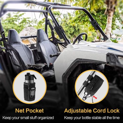GEARV 2Pack Cup Holder for Bike, Scooter and Wheelchair, Water Bottle Holder for UTV/ATV, Walker, Golf Cart and Beach, Universal Drink Holder Accessories with Net Pocket and Cord Lock (Black)