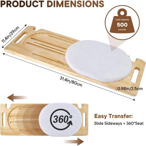 NEDVI Wooden Slide Transfer Board with Track Pulley Turntable – 500lb Weight Capacity for Seniors, Handicap, and Patient Wheelchair Transfers to Car,Bed,Toilet, Tub – Move Assist（31x11x1”)