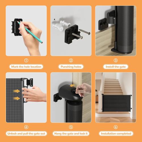 Retractable Baby Gate for Stairs - 34 Tall Extends to 55 Wide Mesh Baby Gate with Anti-Crawling Hook, Adjustable Baseboard Bracket, Pet Gate for Doorways, Hallways, Indoor, Black