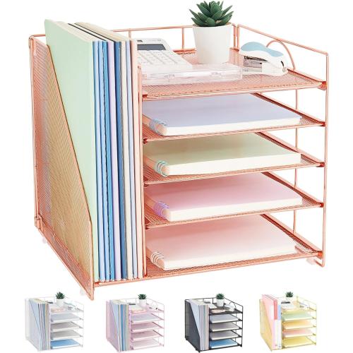 Desk Organizers and Accessories, 5-Tier Paper Letter Tray Organizer with File Holder, Desktop Organizer for Office Supplies, Office Desk Accessories & Workspace (Rose Gold)
