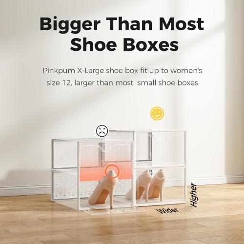 Pinkpum 15 Pack X-Large Shoe Storage Boxes Fit US Size 11, Shoe Organizer for Closet Clear Plastic Stackable Shoe Dispaly Case Holder Bins, Sneaker Storage for Sneakerheads White for Home and Family