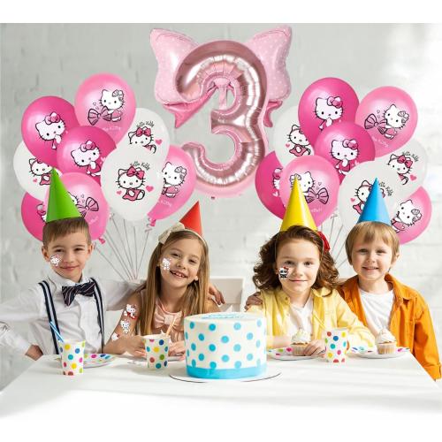 Cute Cartoon Birthday Decoration Party Supplies, Including Pink Thematic Numbers 3 Foil Balloons, Cute Latex Balloons, Cartoon Sticker