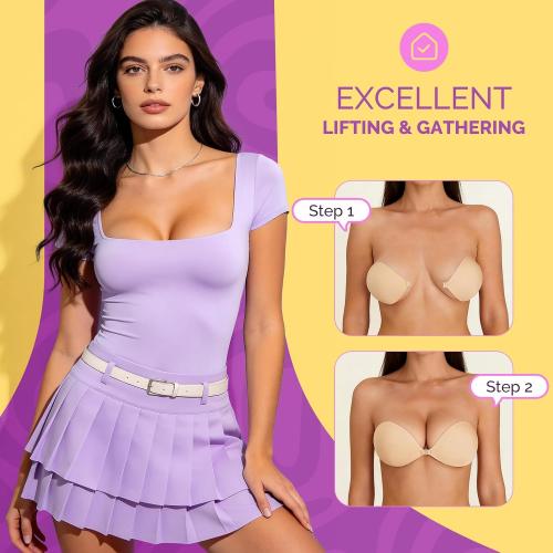 Invisible Sticky Bra Push Up, 2-Pack Adhesive Bra for Backless Dress, Silicone, Exotic Lingerie Accessories (D Cup, Beige, 2PCS)