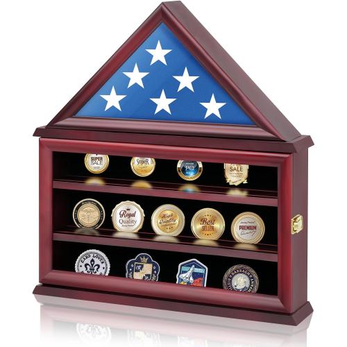 Challenge Coin Flag Display Case with Certificate Holder Flag Display Case fit Folded 3'x5' Flag,Badges Certificate Coin Display with Lockable Door Veteran Flag Display Case with Clear Glass