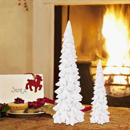 Juegoal Christmas Tree Table Decorations Set of 2, 9.5 White Glittered Xmas Pine Trees, Winter Snow Ornaments Tabletop Resin Trees Dinner Holiday Party Supplies Winter Mantle Shelf Centerpieces Decor