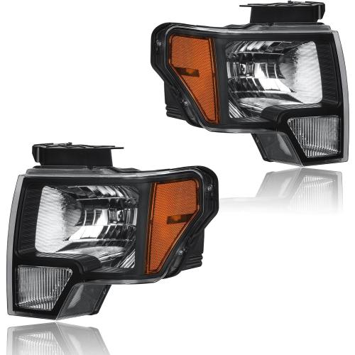 Headlight Assembly, Headlights Kit Compatible with 2009-2014 Ford F150 Replacement Headlamp Black Housing Amber Reflector