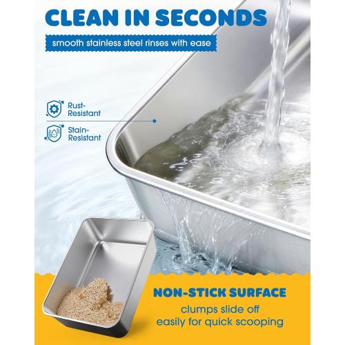 Powools Stainless Steel Cat Litter Box, High-Sided, Grey, XL (1 Pack) | Metal Litter Box with Scoop, Anti-Leakage Top Entry, Non-Sticky, Easy to Clean, 6-Inch Splash-Proof Deep Pan