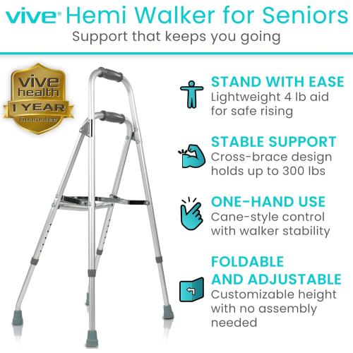 Vive Hemi Walker for Seniors - Narrow for Small & Tight Spaces, Ultra Lightweight, One-Handed Folding Walker, Foldable, Works as Chair Stand Assist Aid Grab Bar for Elderly - Sit to Stand Side Cane