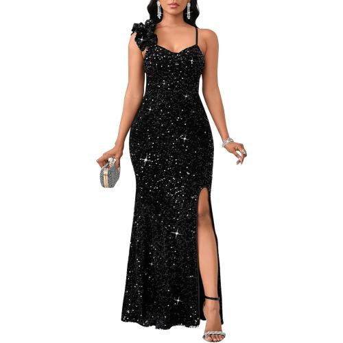 Size L ...Cololura Women Sexy Elegant Sequin High Split Ruffled Hem Mermaid Party Cocktail Bodycon Formal Evening Gowns Maxi Dress