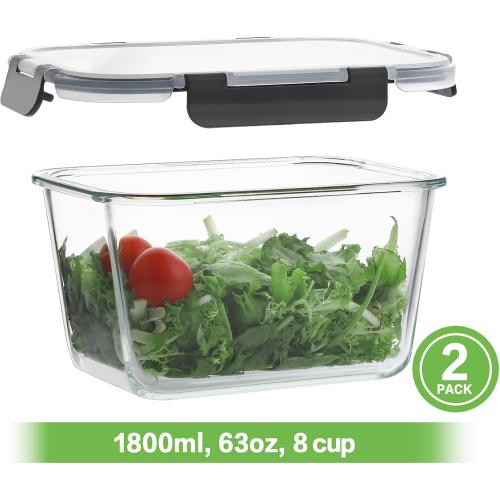 HOMBERKING 4 Pieces 63oz/8cup Large Glass Food Storage Containers with Lids, Meal Prep Containers, Airtight Bento Boxes with Leak Proof Locking (2 Containers   2 Lids) - Microwave, Oven Safe