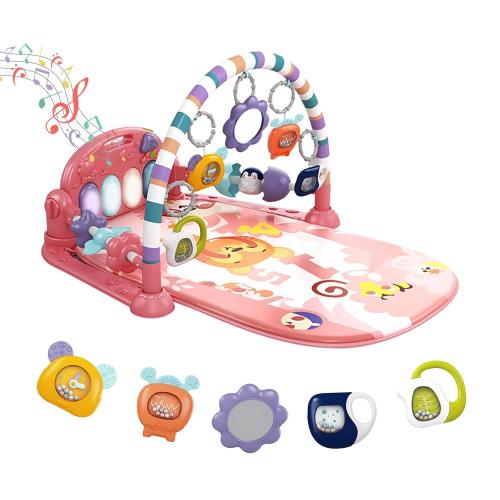 Pink dearlomum Baby Play Mat Baby Gym,Funny Play Piano Tummy Time Baby Activity Mat with 5 Infant Sensory Baby Toys, Music and Lights Boy & Girl Gifts for Newborn Baby 0 to 3 6 9 12 Months (Pink)