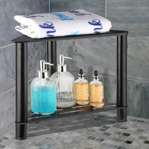 IBosins Shower Stool for Shaving Legs Corner Shower Stool for Inside Shower Small Bench Bath Seat Shower Accesories with Storage Shelf (Black Metal)