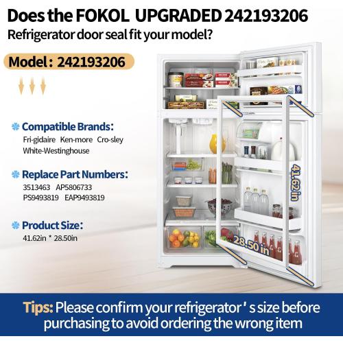 2026 NEW UPGRADED 242193206 Refrigerator Fresh Food Door Gasket Replacement for Frigidaire Kenmore Crosley White-Westinghouse, 41.6'' x 28.5'' Fridge Door Seal, Replaces AP5806733 PS9493819 EAP9493819