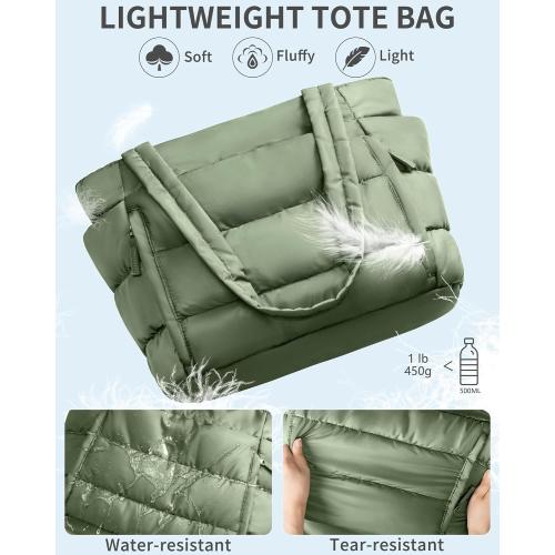 Puffer Tote Bag for Women, Lightweight Puffy Work Handbag Teacher Nurse Quilted Shoulder Bag for School Travel Gym | Cloud Bag w/ Zipper, Daily College Bags, 15.6 Computer Bag, Clinical Nursing Bag, 40 OZ Tumbler Holder, Ideal Gift for Women