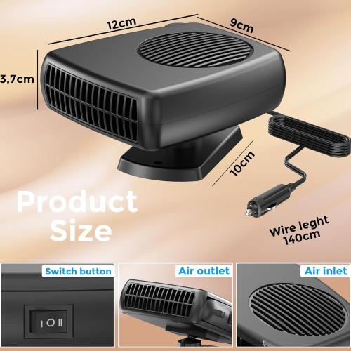 12 Volt 200W Car Heater, Portable Vehicle Heaters and Defrosters, Rapid Windscreen Defogger & Window Defroster for Winter with Cigarette Lighter Plug-In for All Cars