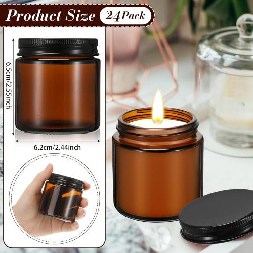 Zhehao 24 Pcs Glass Candle Jars with Lids Bulk, Round Empty Candle Container Tins, Dishwasher Safe and Leakproof DIY Crafts(Amber,Black,4 oz)