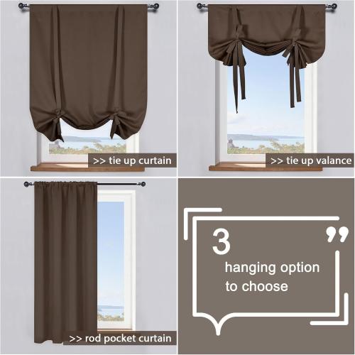 DONREN Coffee Brown Blackout Curtain for Bathroom Windows Adjustable Tie Up Shade Curtain with Rod Pocket Top for Kitchen (34 inches W x 54 inches L Set of 1)