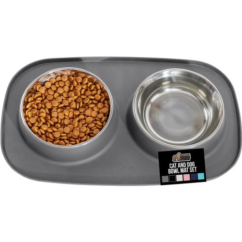 GORILLA GRIP Feeding Mat Set, Patent Pending 100% Waterproof BPA Free Silicone, Stainless Steel Cat and Dog Bowls, Slip Resistant, High Edges Catch Water Food, US Designed Pet Accessories, 2 Cup Gray