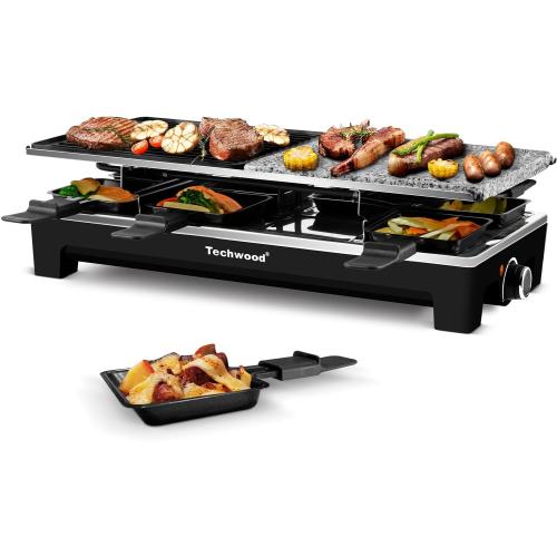 Raclette Table Grill, Techwood Electric Indoor Grill Korean BBQ Grill, Removable 2-in-1 Non-Stick Grill Plate, 1500W Fast Heating with 8 Cheese Melt Pans, Ideal for Parties and Family Fun