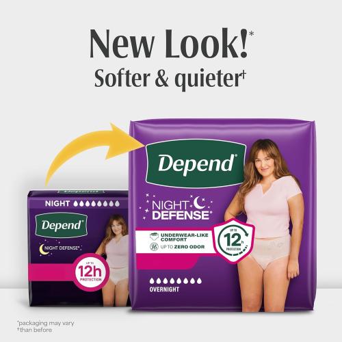Depend Night Defense Adult Diapers, Incontinence & Postpartum Bladder Leak Underwear for Women, Disposable, Overnight, Large, Blush, 56 Count (4 Packs of 14), Packaging May Vary