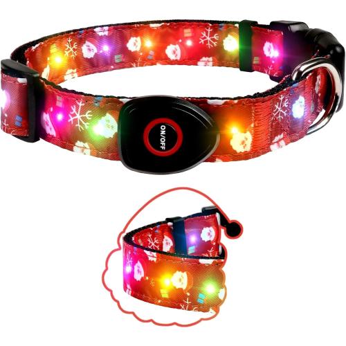 Christmas Light Up Dog Collar, LED Dog Collar Glow in The Dark - USBC Rechargeable, 3 Flashing Modes, Fashionable Cute Glowing Dog Light Up Collars for Medium Large Dogs, Santas M