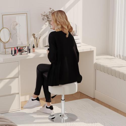 ACEQLYT® Vanity Stool with High-Density Non-Sagging Foam & Metal Base, Vanity Chair for Makeup Room, Height Adjustable 360° Swivel Ottoman, White PU Leather Makeup Chair for Bedroom, Bathroom