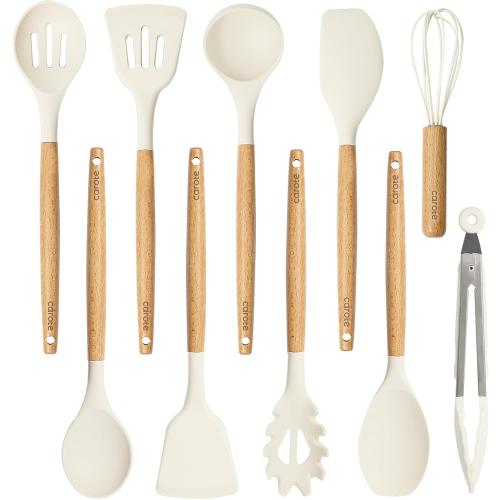 Cream White 10Pc Set CAROTE Silicone Cooking Utensils Set, Kitchen Utensils Set 10 Pcs for cooking, BPA Free Spatula Set with Heat Resistant Wood Handles for Nonstick Cookware (Cream White)