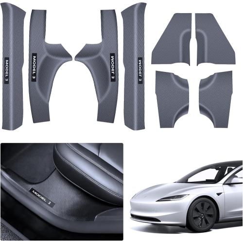 8pcs 2025 8PCS Tesla Door Sill Protector for Model 3 2024 2025 Highland, Carbon Fiber Door Sill Scuff Plate Edge Guard, Front and Rear Door Entry Guard Scuff Plate Carpet Front Rear Sill