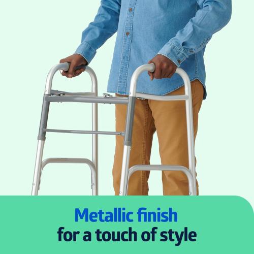 Color Grey Medline Lightweight Two Button Folding Walker with 5 Wheels, Aluminum Frame Supports up to 300 lbs